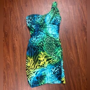 City Triangles Green and Blue One Shoulder Cheetah Dress